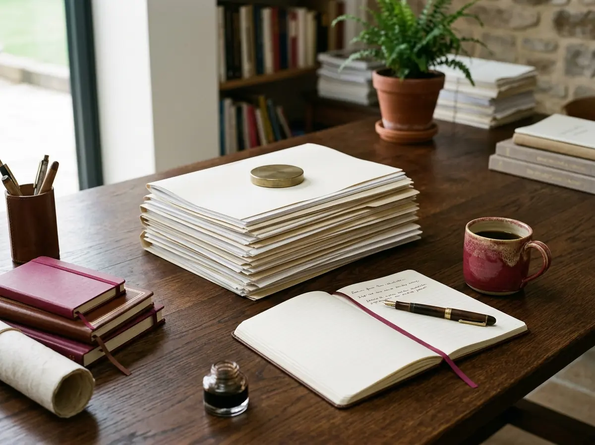 Piles de dossiers et carnets sur une table de travail