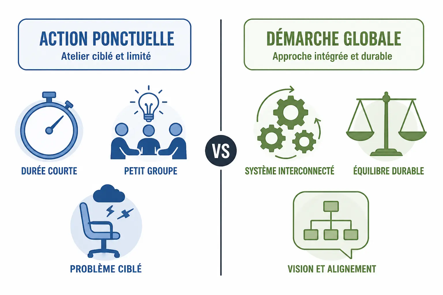Ateliers QVT : comparaison visuelle entre action ponctuelle et démarche globale en deux panneaux illustrés